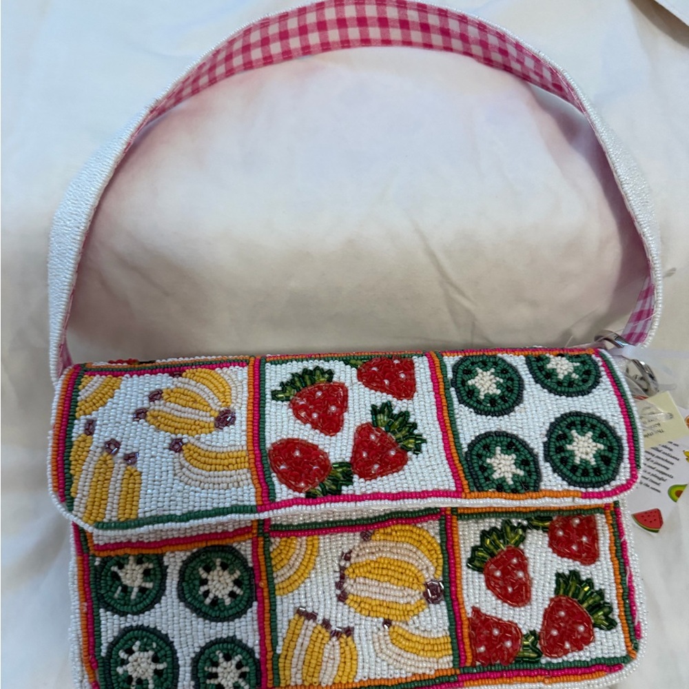 Beaded Fruit Patchwork Shoulder Bag - Pink Strap … - image 1